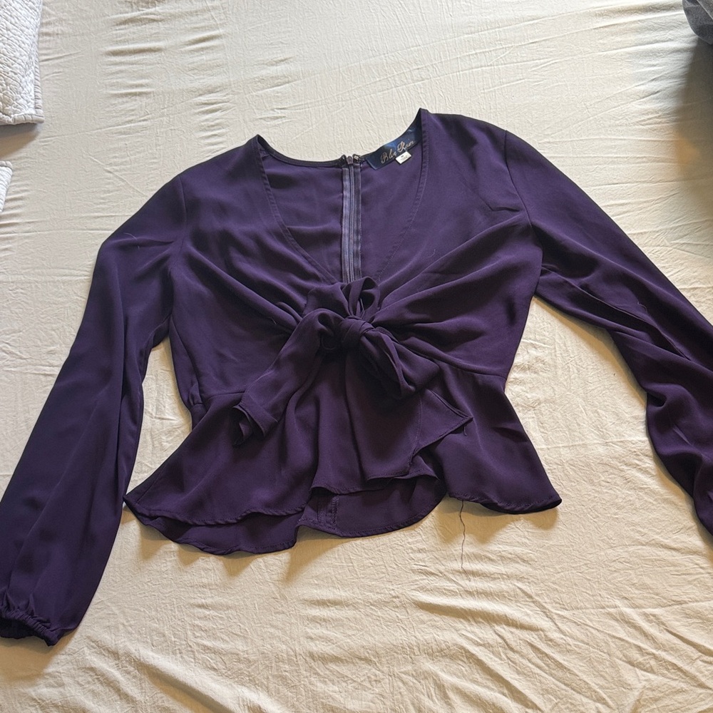 Blue Rain Tie-Front Long Sleeve Blouse in Purple